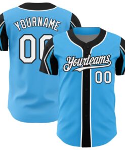 Custom Sky Blue White-Black 3 Colors Arm Shapes Authentic Baseball Jersey