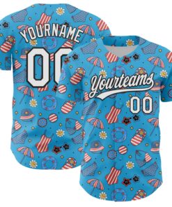 Custom Sky Blue White-Black 3D Hawaii Beach Authentic Baseball Jersey