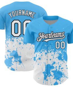 Custom Sky Blue White-Black 3D Pattern Design Abstract Splash Grunge Art Authentic Baseball Jersey