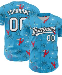 Custom Sky Blue White-Black 3D Tropical Beach Hawaii Palm Tree And Lobster Authentic Baseball Jersey