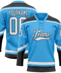 Custom Sky Blue White-Black Hockey Lace Neck Jersey