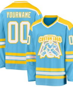 Custom Sky Blue White-Gold Hockey Jersey