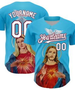 Custom Sky Blue White-Maroon 3D Pattern Design Religion Jesus Christ And Virgin Mary Authentic Baseball Jersey