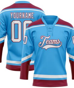 Custom Sky Blue White-Maroon Hockey Lace Neck Jersey