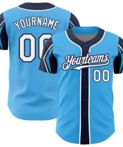 Custom Sky Blue White-Navy 3 Colors Arm Shapes Authentic Baseball Jersey