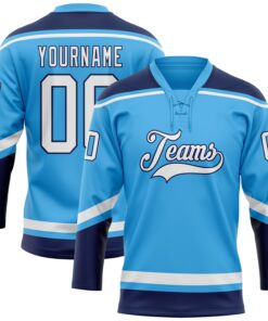 Custom Sky Blue White-Navy Hockey Lace Neck Jersey