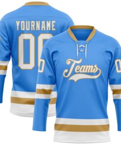 Custom Sky Blue White-Old Gold Hockey Lace Neck Jersey