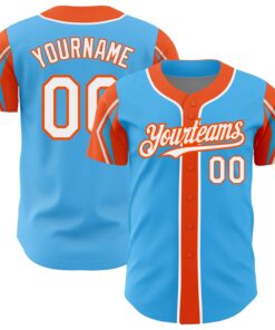 Custom Sky Blue White-Orange 3 Colors Arm Shapes Authentic Baseball Jersey