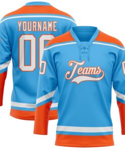 Custom Sky Blue White-Orange Hockey Lace Neck Jersey