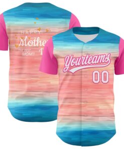 Custom Sky Blue White-Pink 3D Pattern Design Mother's Day Love Authentic Baseball Jersey