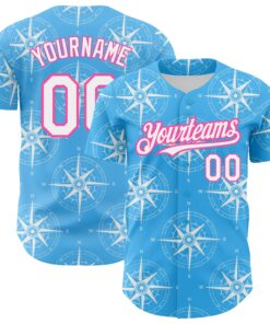 Custom Sky Blue White-Pink 3D Pattern Design Navigation Compass Authentic Baseball Jersey