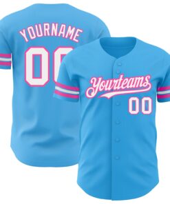 Custom Sky Blue White-Pink Authentic Baseball Jersey