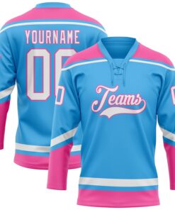 Custom Sky Blue White-Pink Hockey Lace Neck Jersey