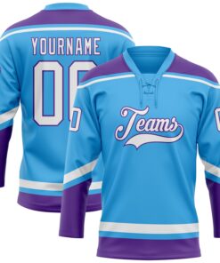 Custom Sky Blue White-Purple Hockey Lace Neck Jersey