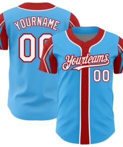 Custom Sky Blue White-Red 3 Colors Arm Shapes Authentic Baseball Jersey