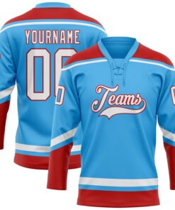 Custom Sky Blue White-Red Hockey Lace Neck Jersey