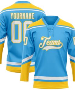 Custom Sky Blue White-Yellow Hockey Lace Neck Jersey