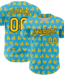 Custom Sky Blue Yellow-Black 3D Pattern Design Duck Authentic Baseball Jersey