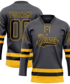 Custom Steel Gray Black-Gold Hockey Lace Neck Jersey