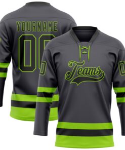 Custom Steel Gray Black-Neon Green Hockey Lace Neck Jersey
