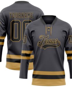 Custom Steel Gray Black-Old Gold Hockey Lace Neck Jersey