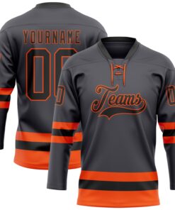Custom Steel Gray Black-Orange Hockey Lace Neck Jersey