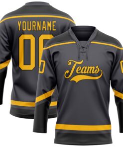 Custom Steel Gray Gold-Black Hockey Lace Neck Jersey