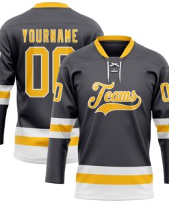 Custom Steel Gray Gold-White Hockey Lace Neck Jersey