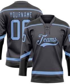 Custom Steel Gray Light Blue-Black Hockey Lace Neck Jersey