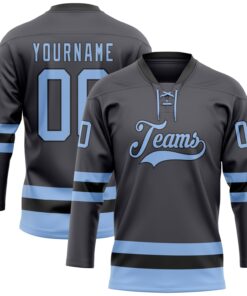 Custom Steel Gray Light Blue-Black Hockey Lace Neck Jersey