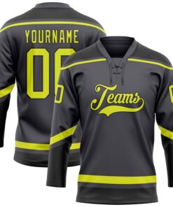 Custom Steel Gray Neon Yellow-Black Hockey Lace Neck Jersey