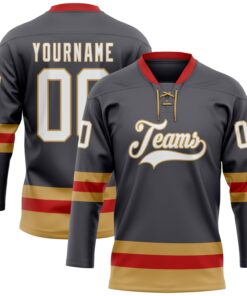 Custom Steel Gray Old Gold-Red Hockey Lace Neck Jersey