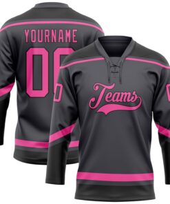 Custom Steel Gray Pink-Black Hockey Lace Neck Jersey