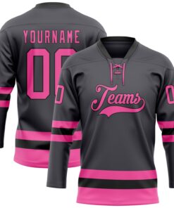 Custom Steel Gray Pink-Black Hockey Lace Neck Jersey