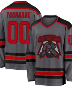 Custom Steel Gray Red-Black Hockey Jersey
