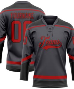 Custom Steel Gray Red-Black Hockey Lace Neck Jersey
