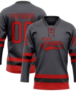 Custom Steel Gray Red-Black Hockey Lace Neck Jersey