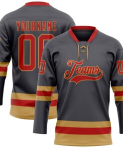 Custom Steel Gray Red-Old Gold Hockey Lace Neck Jersey
