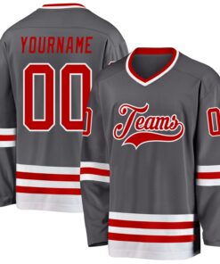 Custom Steel Gray Red-White Hockey Jersey