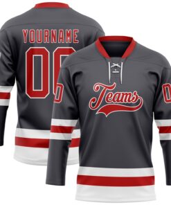 Custom Steel Gray Red-White Hockey Lace Neck Jersey