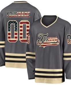 Custom Steel Gray Vintage USA Flag Cream-Black Hockey Jersey