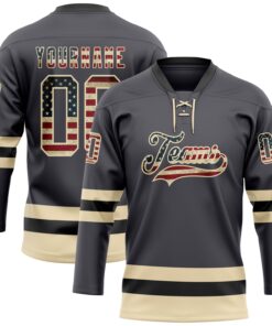 Custom Steel Gray Vintage USA Flag Cream-Black Hockey Lace Neck Jersey