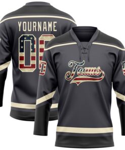 Custom Steel Gray Vintage USA Flag Cream-Black Hockey Lace Neck Jersey