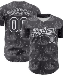 Custom Steel Gray White 3D Pattern Design Ship Frigate With Seagulls Authentic Baseball Jersey
