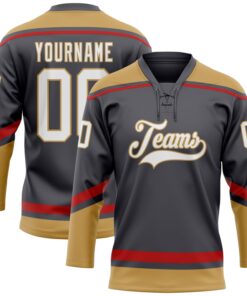 Custom Steel Gray White Old Gold-Red Hockey Lace Neck Jersey
