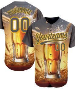 Custom Steel Gray Yellow 3D Pattern Design International Beer Day Authentic Baseball Jersey