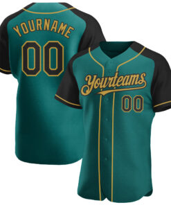 Custom Teal Black-Old Gold Authentic Raglan Sleeves Baseball Jersey