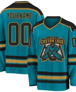 Custom Teal Black-Old Gold Hockey Jersey