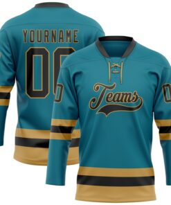 Custom Teal Black-Old Gold Hockey Lace Neck Jersey