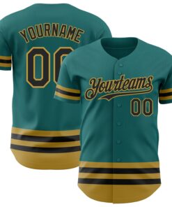 Custom Teal Black-Old Gold Line Authentic Baseball Jersey